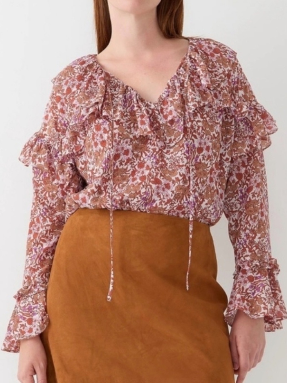 J.Crew 2X Blouse Floral Ruffle Chiffon Pink Rust Boho Peasant Sheer Long Sleeve